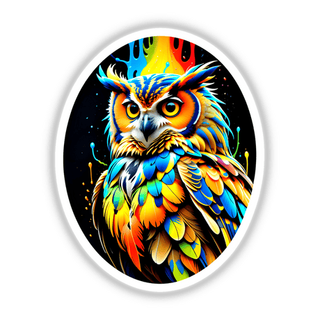 A Cool And Colorful Owl digital art showcasing a vibrant owl with striking yellow eyes, emphasizing its intricate details. Available as stickers or digital artwork from Decal Venue.
