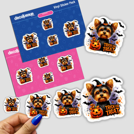 Halloween Trick Or Treat Yorkie Dog sticker featuring a cute Yorkie in a hat, surrounded by pumpkins and Halloween elements. Available as stickers or digital artwork from Decal Venue.
