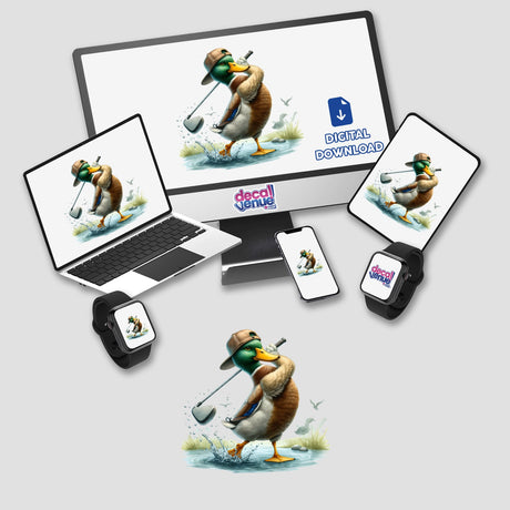 Colorful digital artwork of a golfing mallard duck swinging a club on a variety of digital devices, including a desktop computer, laptop, smartphone, and smartwatch, with a "Digital Download" label visible.