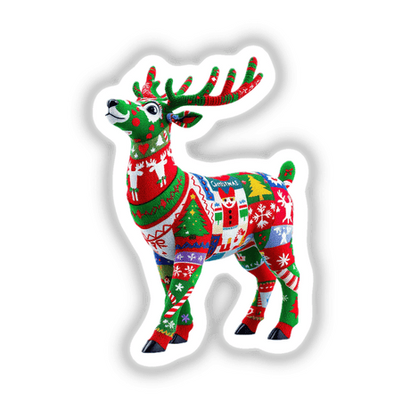 Reindeer Ugly Christmas Sweater Style stuffed animal with patterned design, featuring green and red antlers, available as stickers or digital artwork from Decal Venue.