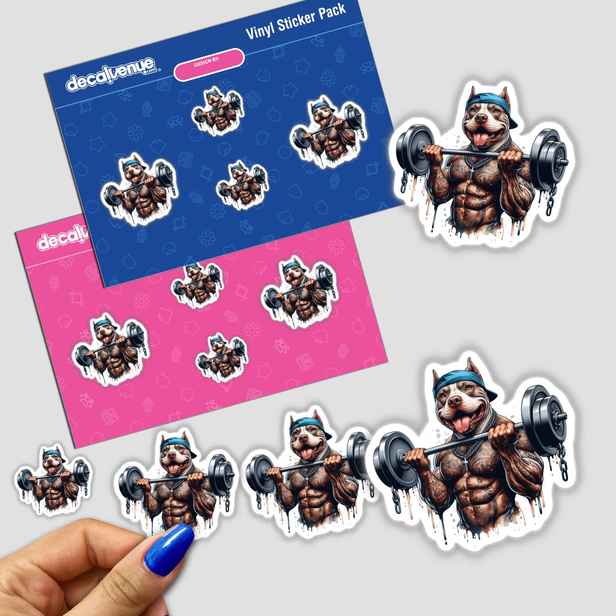 Muscular pitbull weightlifter stickers with colorful watercolor designs, part of the Pittie Pawty collection from Decal Venue's digital art store.
