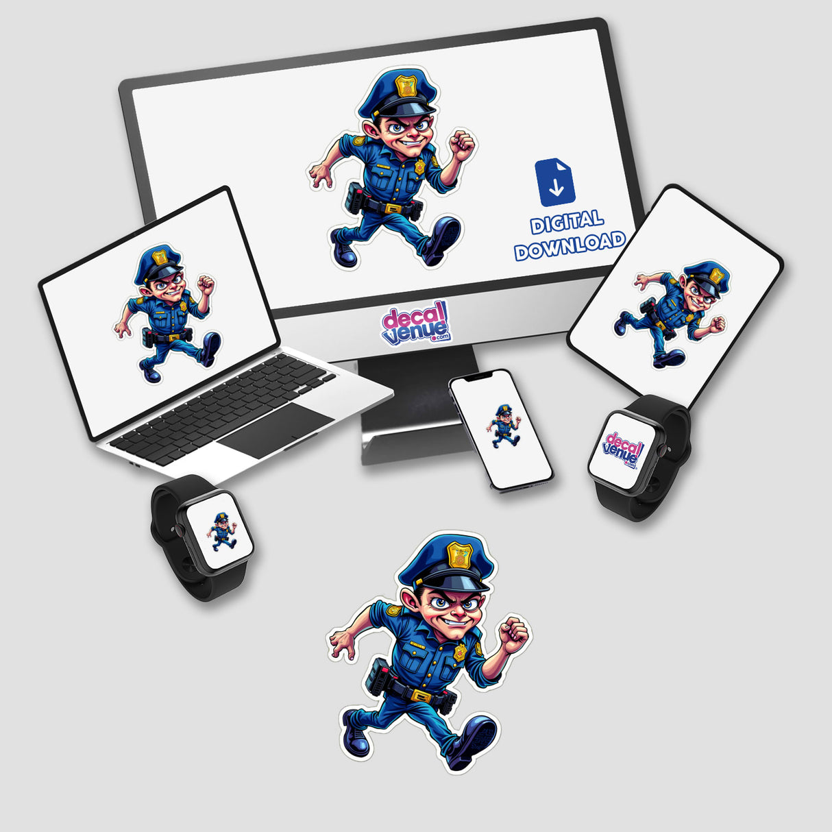 Policial Correndo digital artwork displayed on a laptop, featuring a cartoon police officer running, available as stickers or digital artwork from Decal Venue.