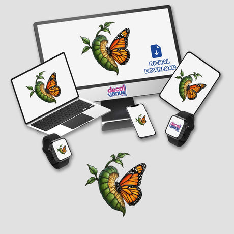 Stained Glass Butterfly Emerging Clipart with Commercial Rights & Sticker features a computer monitor and laptop displaying butterflies, symbolizing digital artwork offered as stickers or downloads by Decal Venue.