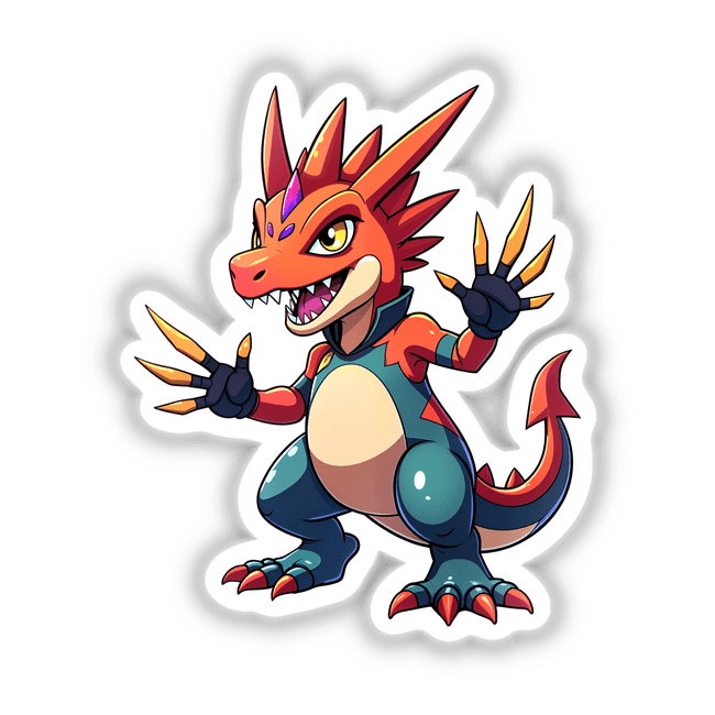 Dino Fighter - Cretaceous Crusher: A cartoon dragon illustration available as stickers or digital artwork, featuring a playful design with dynamic elements typical of Decal Venue's unique vinyl sticker and art collection.