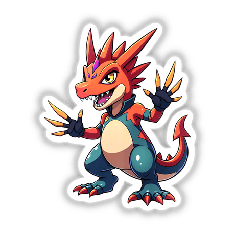 Dino Fighter - Cretaceous Crusher: A cartoon dragon illustration available as stickers or digital artwork, featuring a playful design with dynamic elements typical of Decal Venue's unique vinyl sticker and art collection.