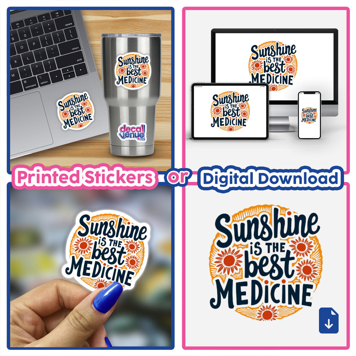 Sunshine is the Best Medicine Digital Clipart | Retro Sunflower Sticker featuring a laptop with a sunflower sticker, a hand holding the sticker, and a digital art preview. Available as stickers or digital artwork.