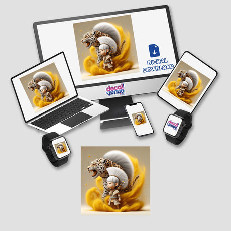 African Tribal Warrior digital artwork displayed on a laptop screen with a cartoon character, available as stickers or digital art from Decal Venue.