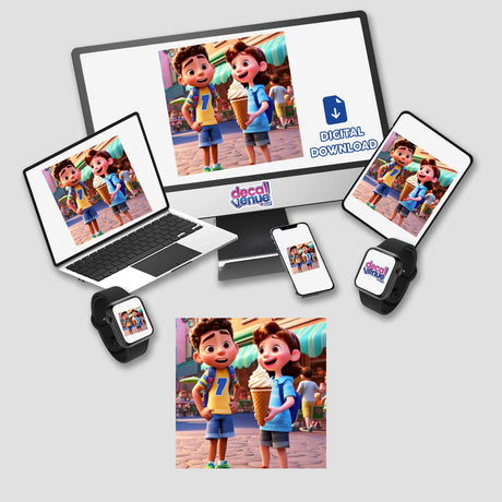Giant ice cream digital artwork featuring a cartoon character holding an ice cream cone, displayed on a laptop screen.