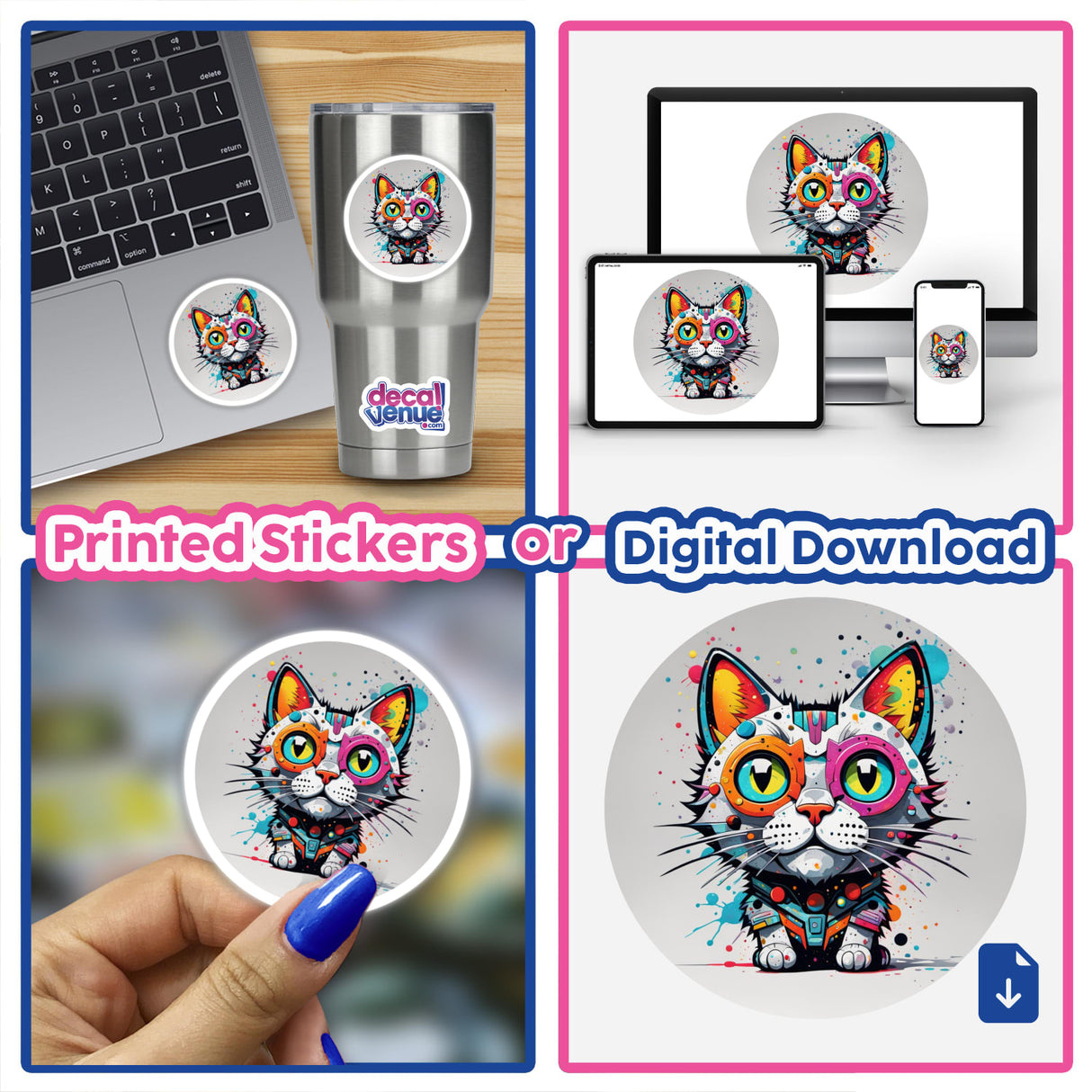 Collage featuring the Cool Colored Cat stickers and digital artwork, showcasing vibrant cat designs on laptops and in hand, embodying Decal Venue's unique art style.