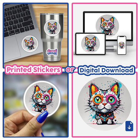 Collage featuring the Cool Colored Cat stickers and digital artwork, showcasing vibrant cat designs on laptops and in hand, embodying Decal Venue's unique art style.