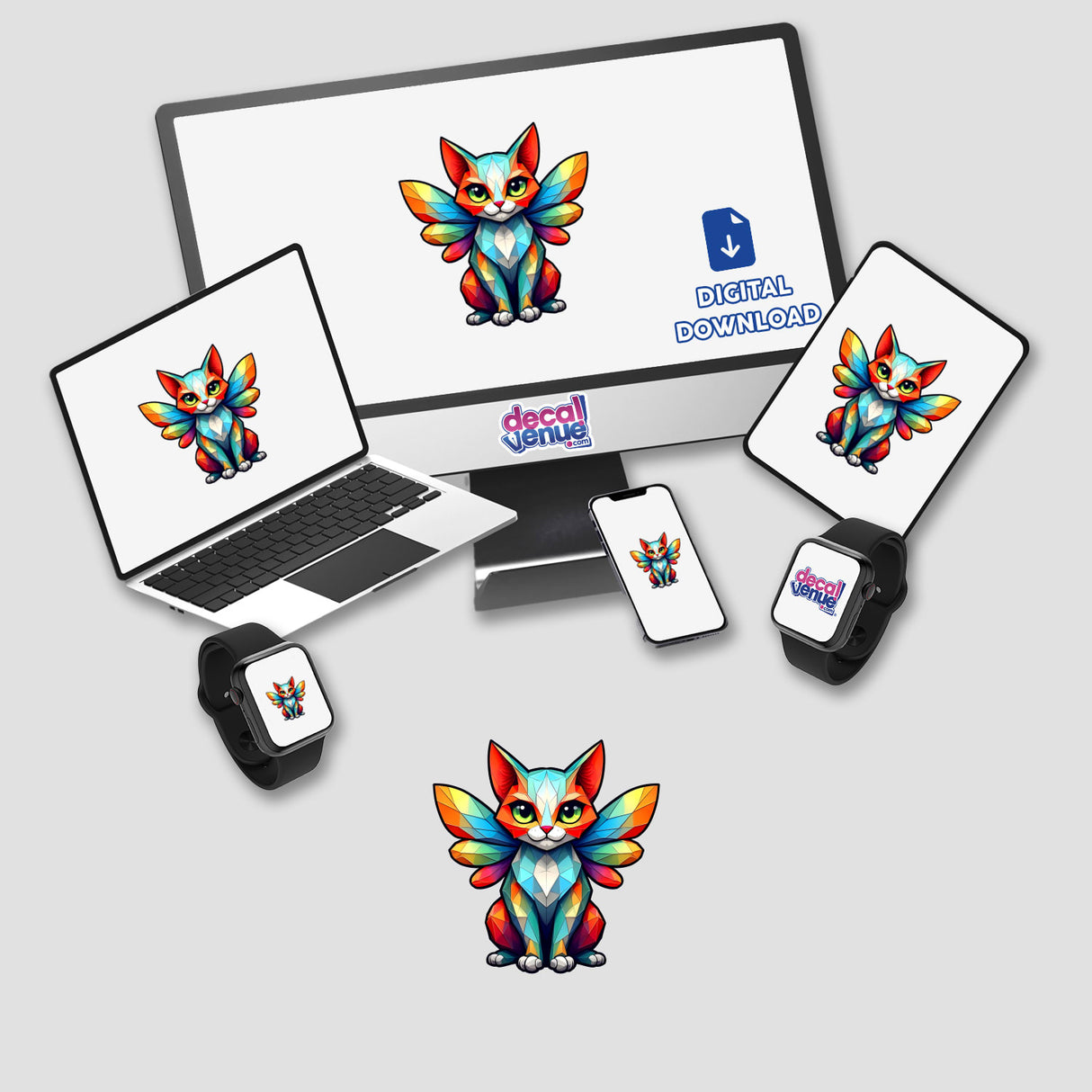 A computer monitor and laptop display A Cute Geometric Fairy Cat as digital artwork, emphasizing its unique sticker design for Decal Venue's collection of distinctive stickers and digital art.