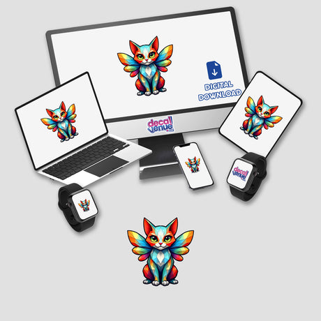 A computer monitor and laptop display A Cute Geometric Fairy Cat as digital artwork, emphasizing its unique sticker design for Decal Venue's collection of distinctive stickers and digital art.
