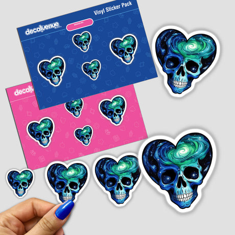 a hand holding a blue sticker with a skull on it