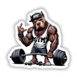 Cartoon Pitbull lifting weights, embodying a gym bodybuilder theme. Available as unique stickers or digital artwork from Decal Venue.
