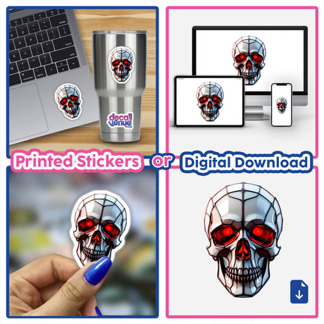 Collage of Skull Stained Glass Style stickers and digital downloads, featuring a distinctive skull design with red eyes, displayed on various surfaces like laptops and cups.