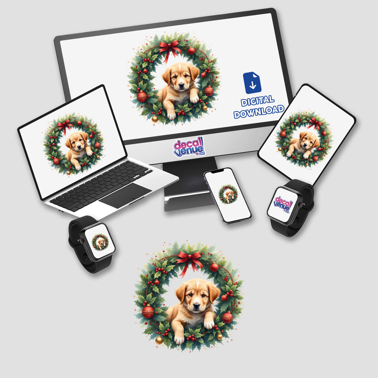 Puppy in a Christmas Wreath displayed on a computer monitor and laptop, available as stickers or digital artwork from Decal Venue, showcasing unique festive charm for tech and decor enthusiasts.