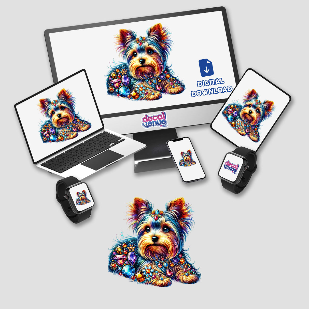 Yorkie Jewels and Gemstones digital artwork displayed on a computer monitor and laptop, featuring a jeweled dog. Available as stickers or digital art from Decal Venue.
