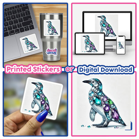 Penguin Jewels and Gemstones collage featuring various penguin drawings adorned with gems, suitable as stickers or digital artwork.