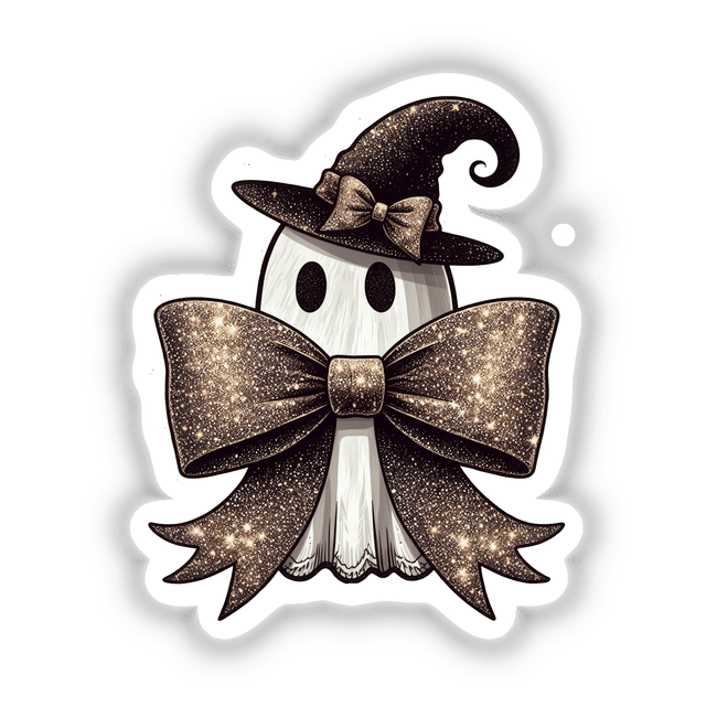 Cute Ghost w/ Glitter Coquette Bow II: A cartoon ghost wearing a stylish hat and a sparkling bow tie, available as stickers or digital artwork.