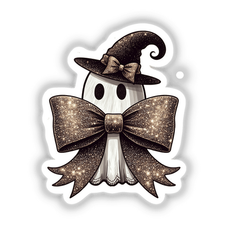 Cute Ghost w/ Glitter Coquette Bow II: A cartoon ghost wearing a stylish hat and a sparkling bow tie, available as stickers or digital artwork.