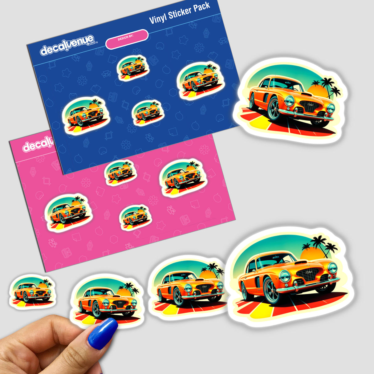 Hand holding a A Vintage Classic Car sticker pack, showcasing cartoon-style vintage car designs, available as unique vinyl stickers or digital artwork from Decal Venue.
