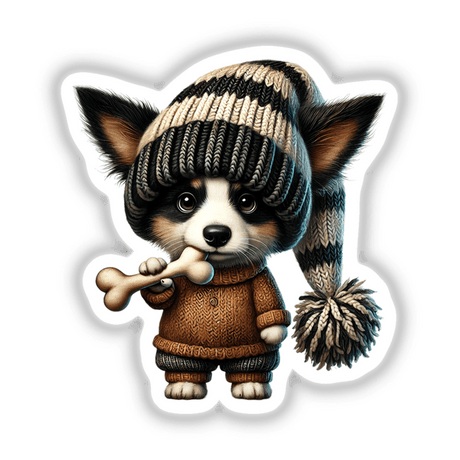 Border Collie Gnome holding a dog bone, wearing a hat. Available as stickers or digital artwork.