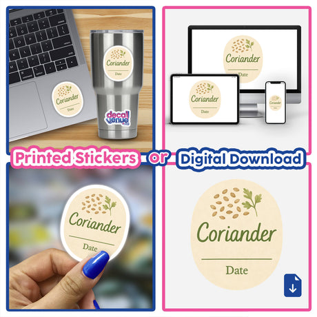 Coriander Spice Jar Label – Printable Summer Cottagecore Sticker, featuring a watercolor coriander seed scatter and green sprig, with handwritten font and date line, ideal for organizing or decorating kitchens.