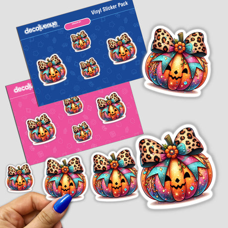 Vibrant pumpkin-shaped stickers with leopard print bows, displayed on a pink and blue background from the Decal Venue store. The stickers feature intricate, colorful designs that would be perfect for decorating or expressing one's style.