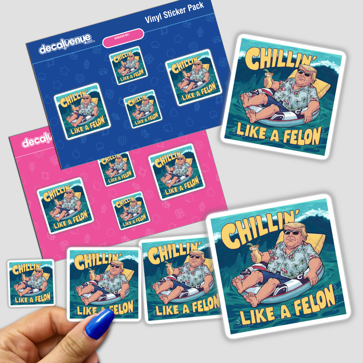 Chilling Like a Felon III - Vibrant digital artwork featuring an expressive character in a casual, playful pose on a variety of sticker designs.