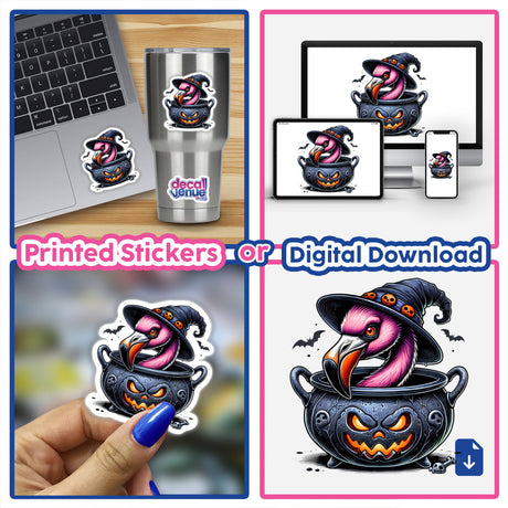 Flamingo peeking out of cauldron Halloween digital artwork created by talented designers at Decal Venue store for unique sticker downloads or printed products.