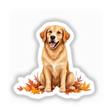 Charming Golden Retriever Clipart - Autumn Leaves Design | Stickers or Commercial Use Download: A golden retriever sits in leaves, tongue out, perfect for unique stickers or digital artwork.