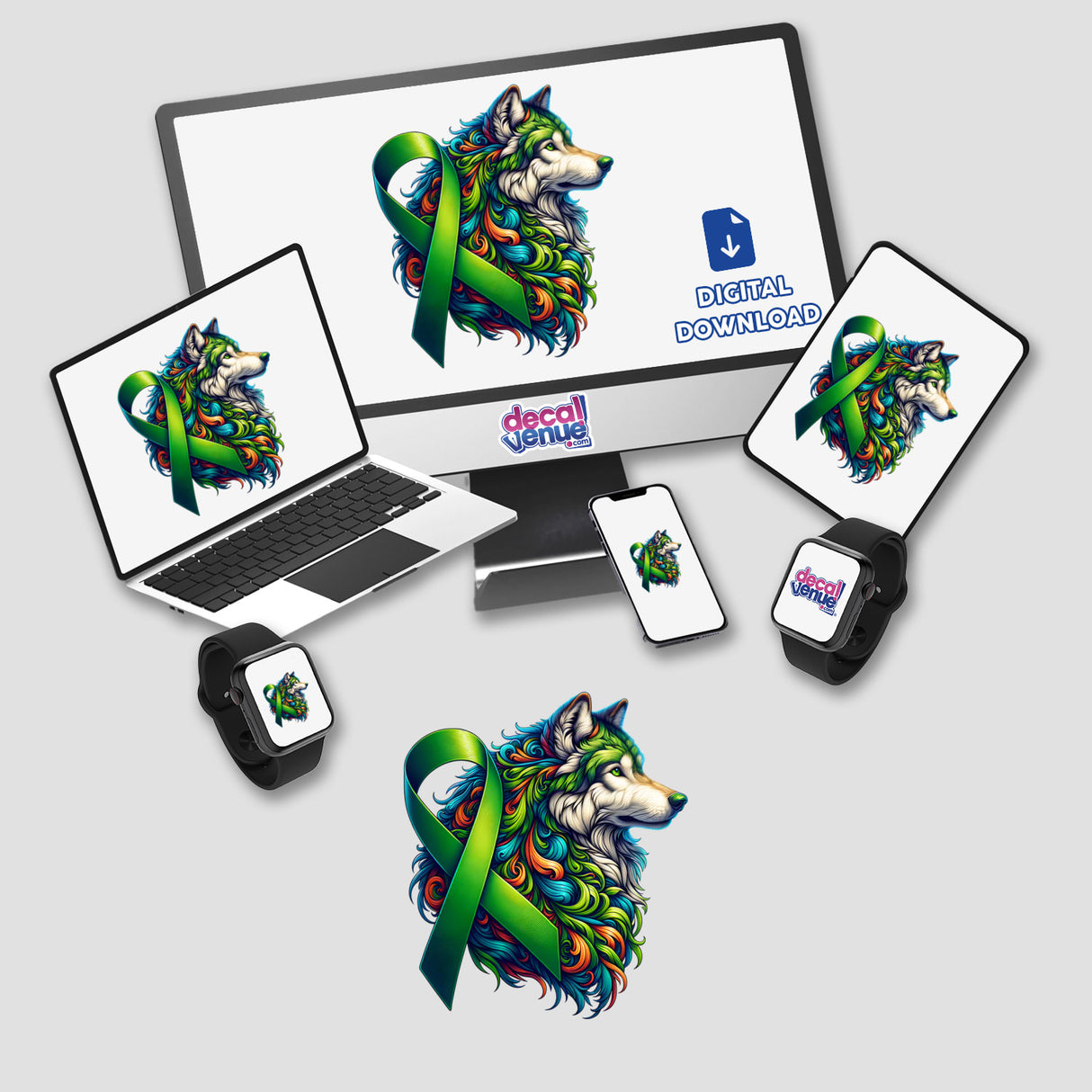 Wolf Green Ribbon Kidney Cancer Awareness sticker featuring a colorful cartoon wolf with a green ribbon. Available as stickers or digital artwork, blending vibrant design with a meaningful message.
