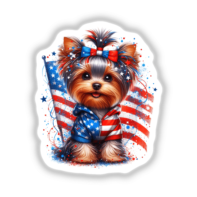 Patriotic Yorkie Dog American Flag - Cute Yorkshire Terrier in festive attire with USA flag backdrop