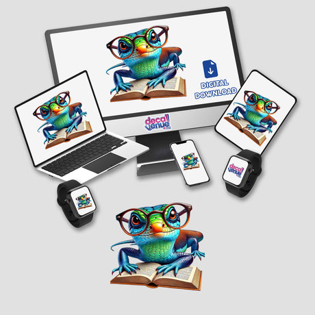 Skink Lizard with Reading Glasses Open Book depicted as a digital artwork, showcasing a cartoon lizard wearing glasses, seated on a book, available as stickers or digital art from Decal Venue.