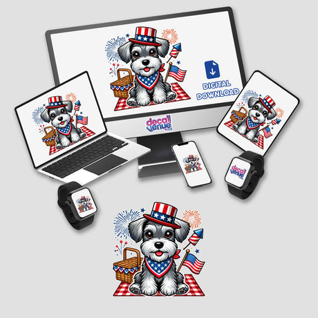 4th of July Schnauzer with Fireworks, Picnic Basket & USA Flag – Patriotic Dog Design features a schnauzer in festive attire amidst fireworks, flags, and a picnic setting, ideal for Independence Day celebrations.