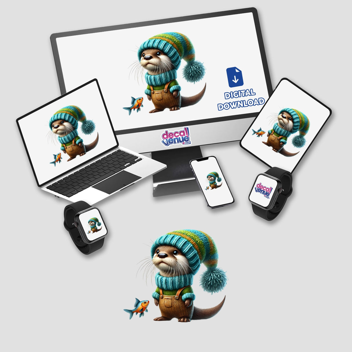 Otter Gnome with Fish digital artwork displayed on a computer monitor and laptop, featuring a cartoon otter in a hat and overalls, perfect for stickers or digital downloads.