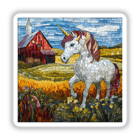 Unicorn and Farm Scene Mosaic, featuring a unicorn, barn, and flowers in a detailed mosaic. Available as stickers or digital artwork.