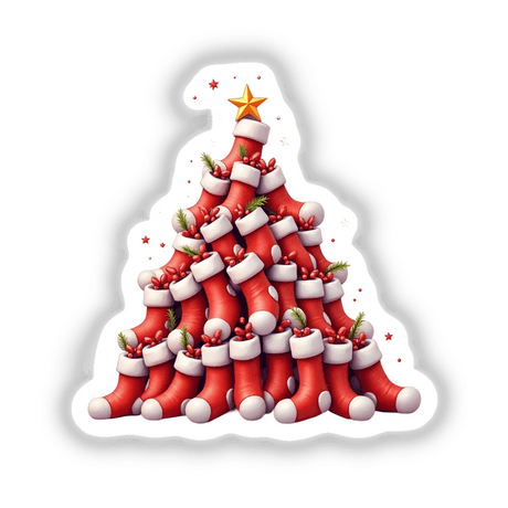 Christmas Stocking Pyramid Tree sticker, depicting a festive tree composed of red and white socks arranged in a pyramid shape, topped with a yellow star. Available as stickers or digital artwork.