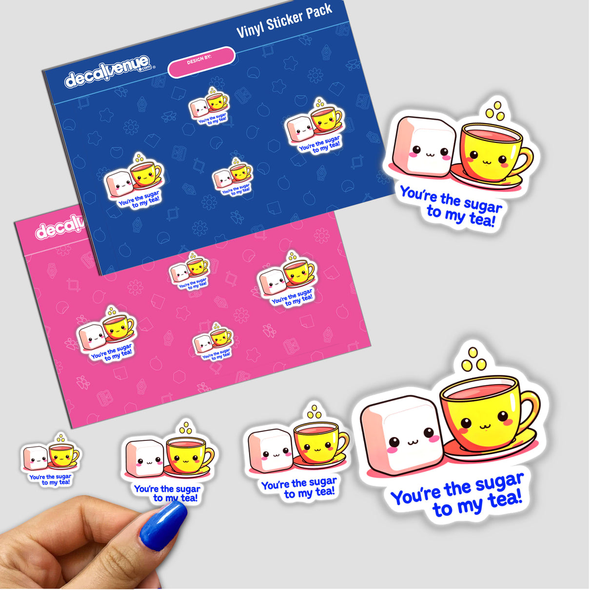 You're The Sugar To My Tea Funny Love Quote sticker featuring cartoon characters, including a teacup and sugar cube, available as stickers or digital artwork from Decal Venue.