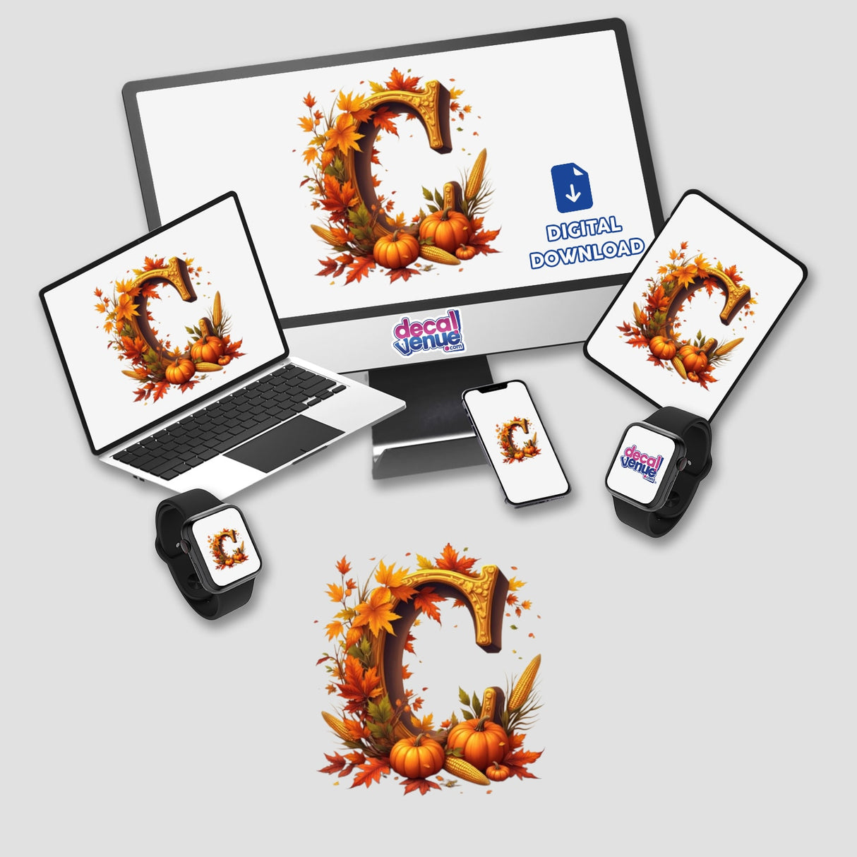Autumn Letter C Clipart – Fall Decor Stickers or Download with Commercial Rights, featuring a computer monitor and laptop displaying a decorative 'C' adorned with pumpkins and leaves.