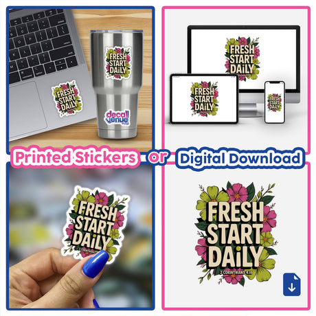 Fresh Start Daily 2 Corinthians 4:16 Sticker or Clipart features a laptop with a sticker design, ideal for personalizing devices. Offered as both physical stickers and digital artwork.