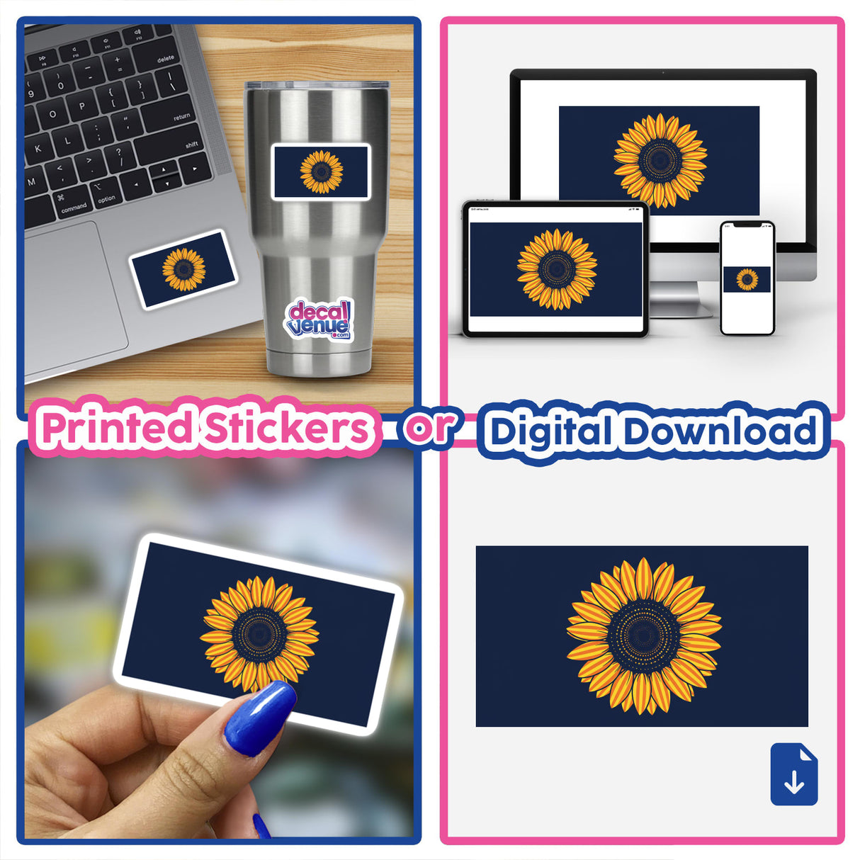 Sunflower design available as unique stickers or digital artwork from Decal Venue, showcasing intricate petal patterns ideal for vinyl sticker enthusiasts or digital art collectors.