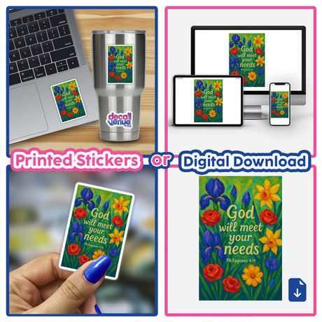 God Will Meet Your Needs Christian Sticker or Clipart features Philippians 4:19 in elegant floral art, available as stickers or digital artwork, embodying Decal Venue's unique vinyl and digital designs.
