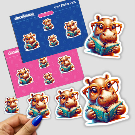 Sticker of a cartoon hippo with reading glasses and an open book, held in a hand, part of the Hippo With Reading Glasses Open Book collection from Decal Venue.
