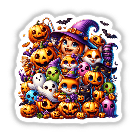 Halloween Family cartoon with a person, cats, and pumpkins. Available as stickers or digital artwork from Decal Venue.