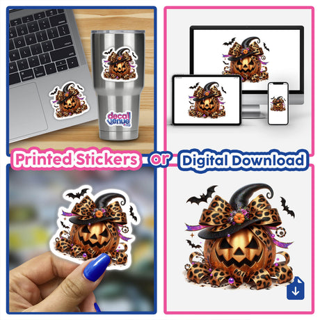 Leopard print pumpkin with Halloween decorations featured on various product mockups including a laptop, phone, and sticker.