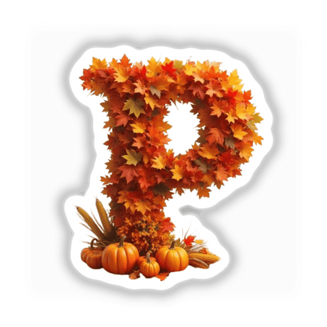 Thanksgiving Letter P Clipart - Fall Leaves and Pumpkins Design featuring an arrangement of pumpkins and leaves, available as stickers or for commercial use download.