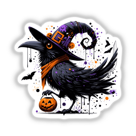 Spooky Halloween Black Raven Bird cartoon holding a pumpkin, wearing a hat. Available as Stickers or Digital Artwork.
