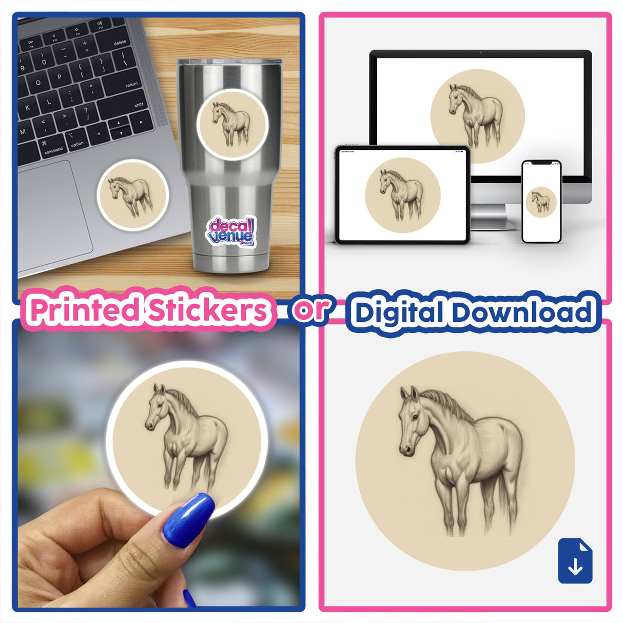 Hand-Drawn Horse Sketch Art Clipart, available as printable stickers or digital artwork, featuring a collage of various hand-drawn horse images, perfect for commercial use.