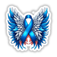 Blue Awareness Ribbon with Wings available as stickers or digital artwork, featuring a stylized blue ribbon adorned with white wings, symbolizing hope and support.